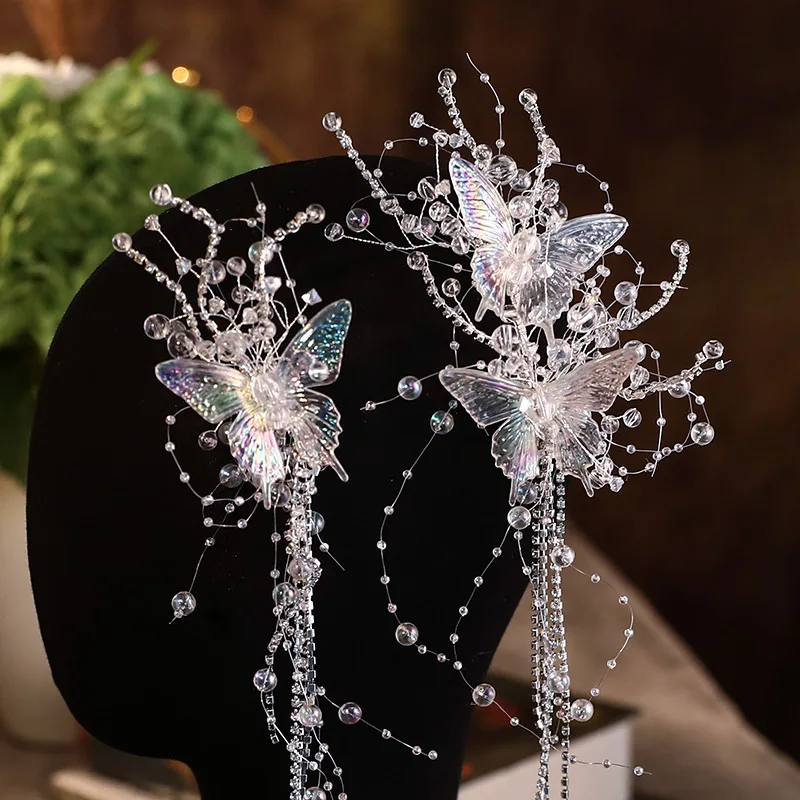 Crystal Bridal Tiara Hairgrips For Women Bride Princess Butterfly Tassel Barrettes Wedding Hair Accessories