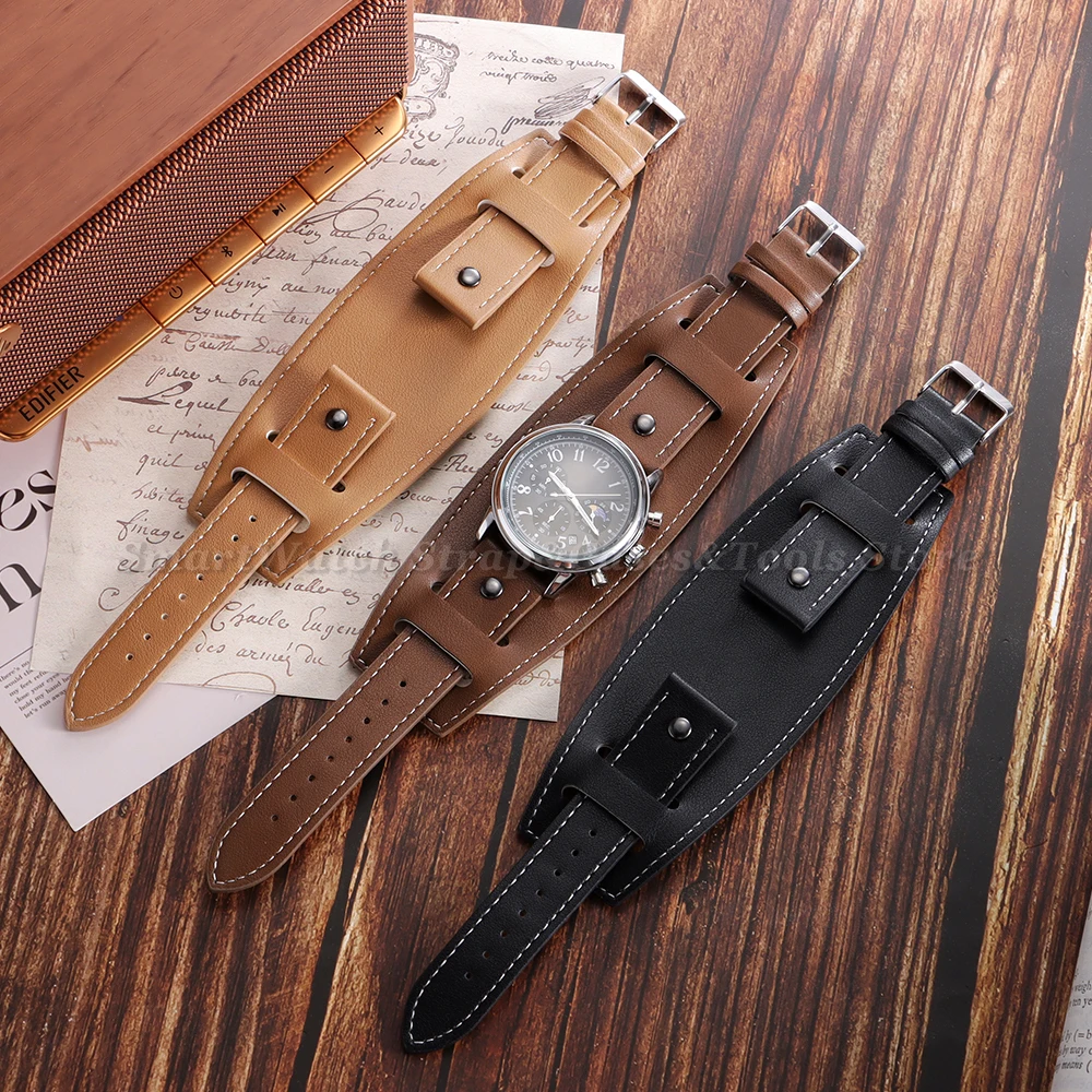 Vintage Cowhide Leather Cuff Watch Band for Men - Deep Brown, Black, Light Brown