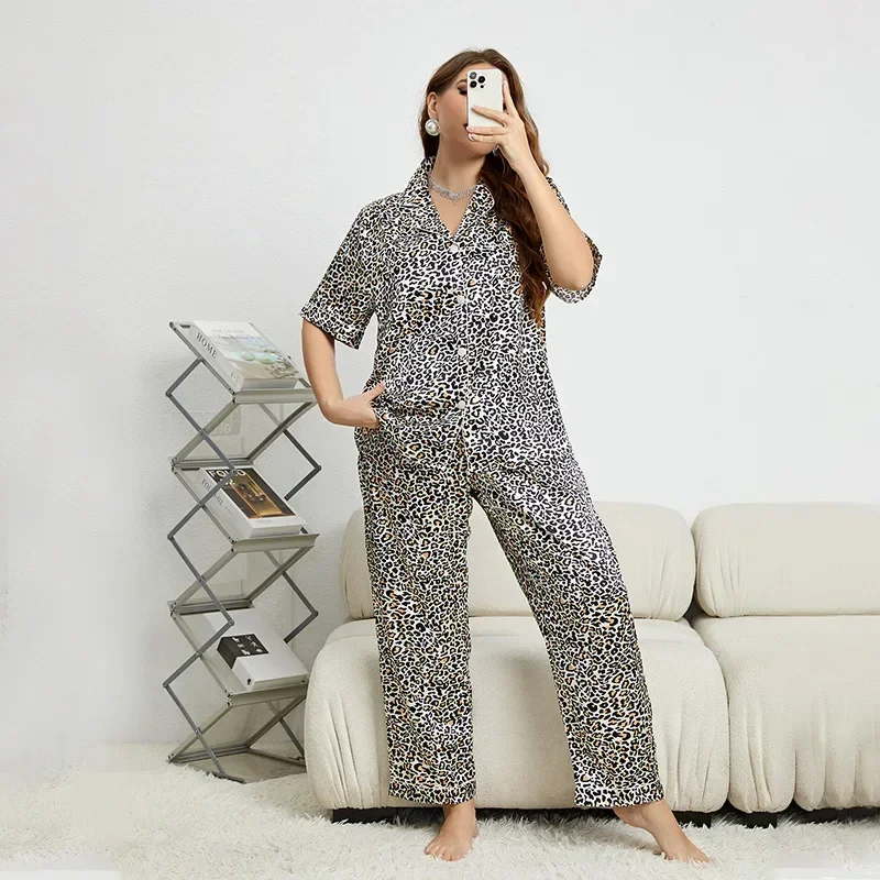 Summer Satin Black Leopard-Print 5xl Plus Size Trouser Pajamas Women's Fashion Casual Pajamas Suit Ladies' Homewear Pijamas