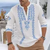 Men's long sleeved stand up collar Henry shirt with ethnic geometric print long sleeved shirt, outdoor casual men's top XS-6XL