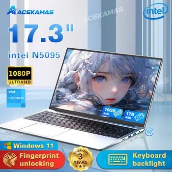 ACEKAMAS 17.3 inch Laptop Computer Intel N5095 Windows 11 Pro Fingerprint Office Laptops 16GB DDR4 1TB SSD Portable Notebook PC
