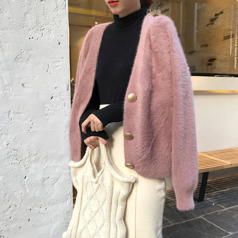Luxurious Vintage Green Jacket Elegant Loose Women Knitted Cardigans Lantern Sleeve Mohair Jumpers Winter Female Fluffy Jackets