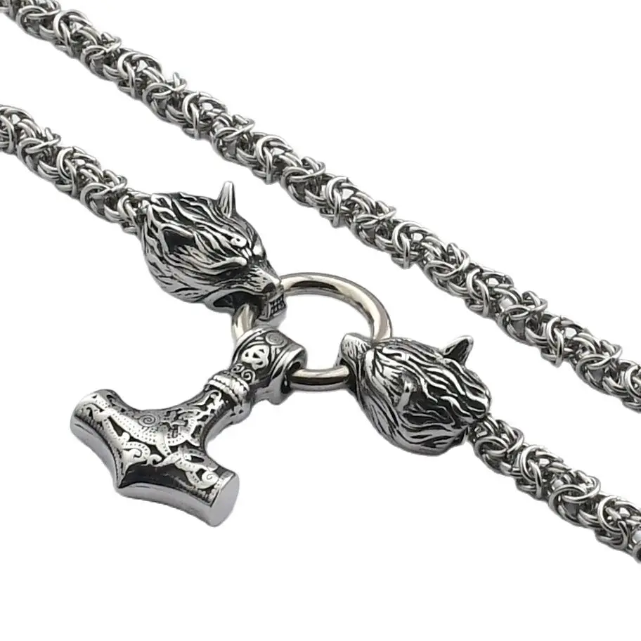 

Nordic stainless steel wolf head handmade chain necklace Odin Thor's Hammer Pendant Men's Viking Rune Jewelry