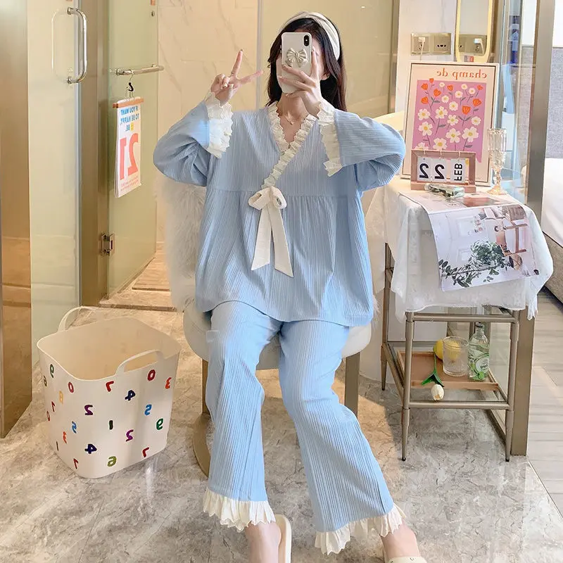 Sleepwear Women Lace Big Size Pajamas Sets Kawaii Clothes Long Sleeve Pajamas Spring Autumn Loungewear Set Korean Loose Pullover