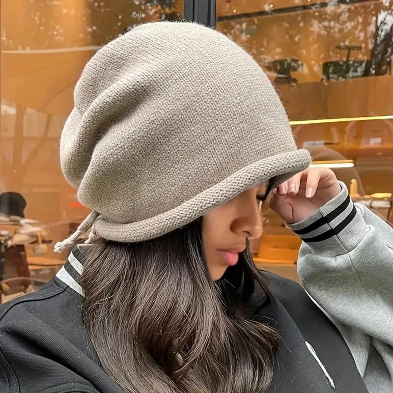 Warm Knitted Baggy Beanie Hat Women Men Drawstring Kpop