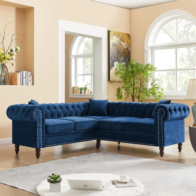 Living Room Couch Velvet Big Comfy Sofa Tufted 3 Seat 2 Pillows