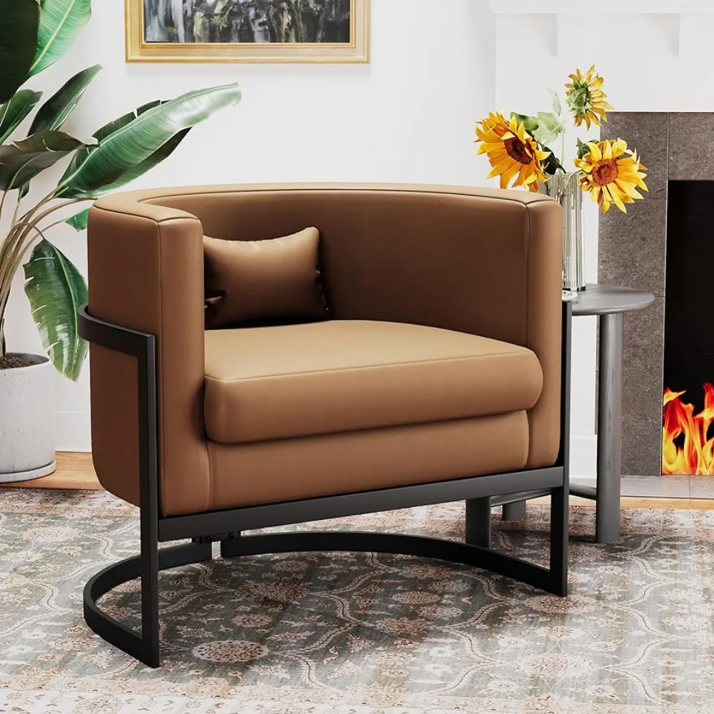 

Brown Faux Leather Barrel Accent Chair Modern Upholstered Armchair for Living Room Bedroom Single Sofa Chair Club Side Chairs.