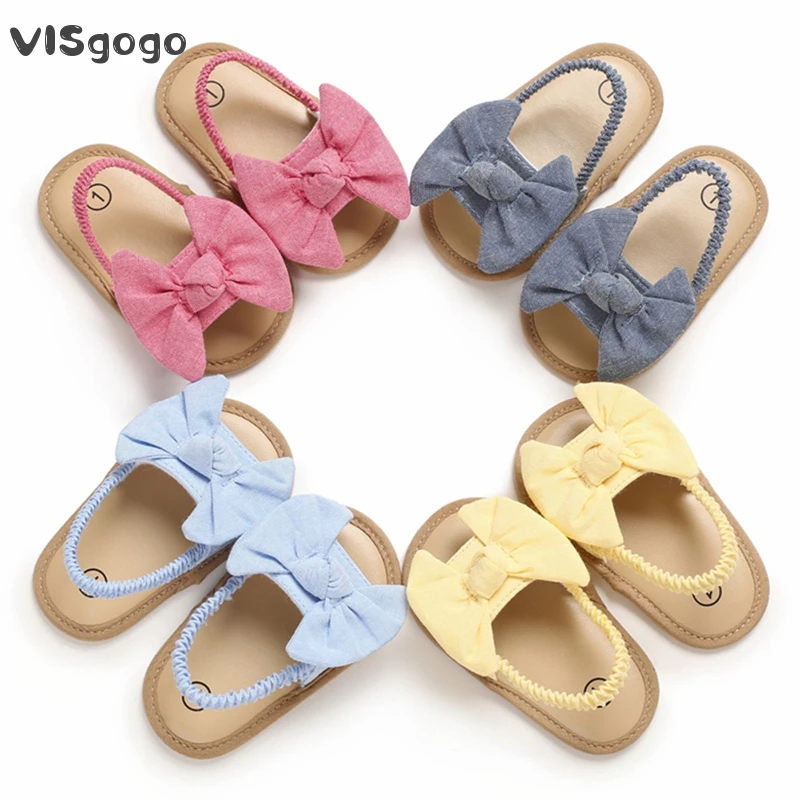 VISgogo Baby Girls Bowknot Sandals Anti-slip Soft Sole Prewalker Summer Princess Crib Shoes Solid Color Flat Clogs Sandals kids sandals,baby sandals