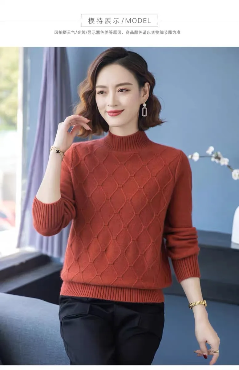 Lässiger einfarbiger Pullover mit halbem Stehkragen, modischer Herbst-Winter-Strick-Basispullover, warme Damen-Bottom-Oberteile, Pertanian – Detail 2