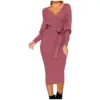 Women's Elegant V Neck Wrap Knit Sweater Dress Long Sleeve High Slit Sexy Midi Dresses with Belted Solid Color Casual Dress 3