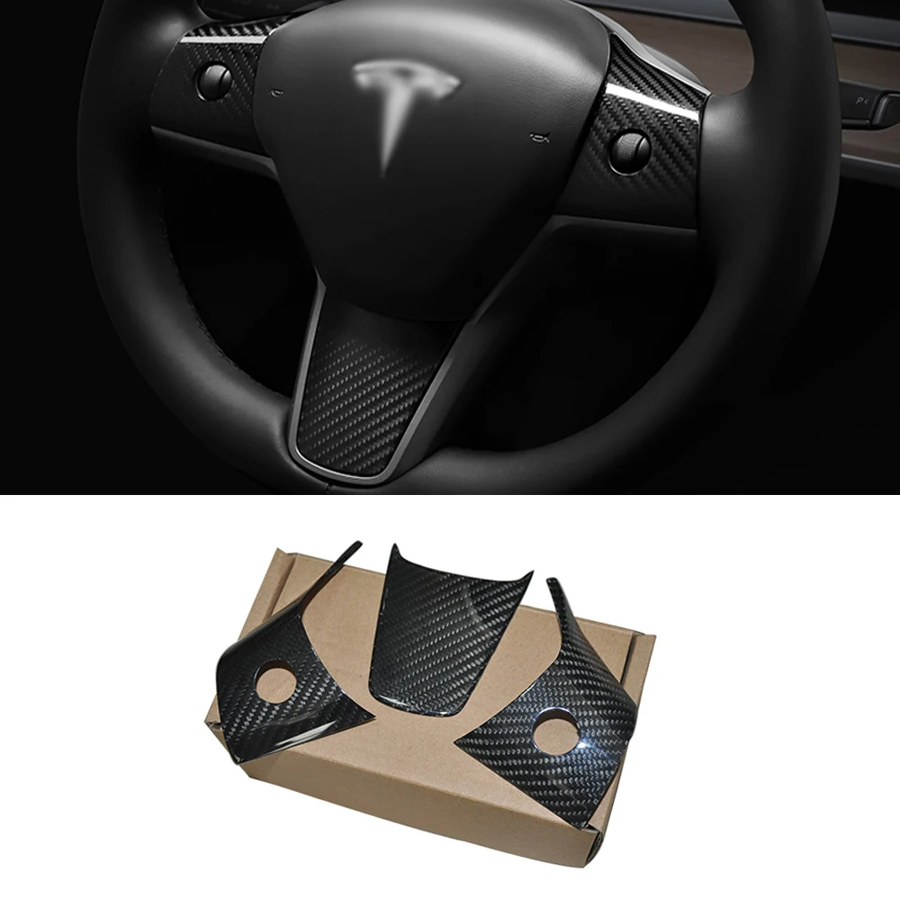 

Car Interior Cover Real Dry Carbon Fiber Steering Wheel Protective Frame Patch TrimFor Tesla Model 3 Model Y 2017up