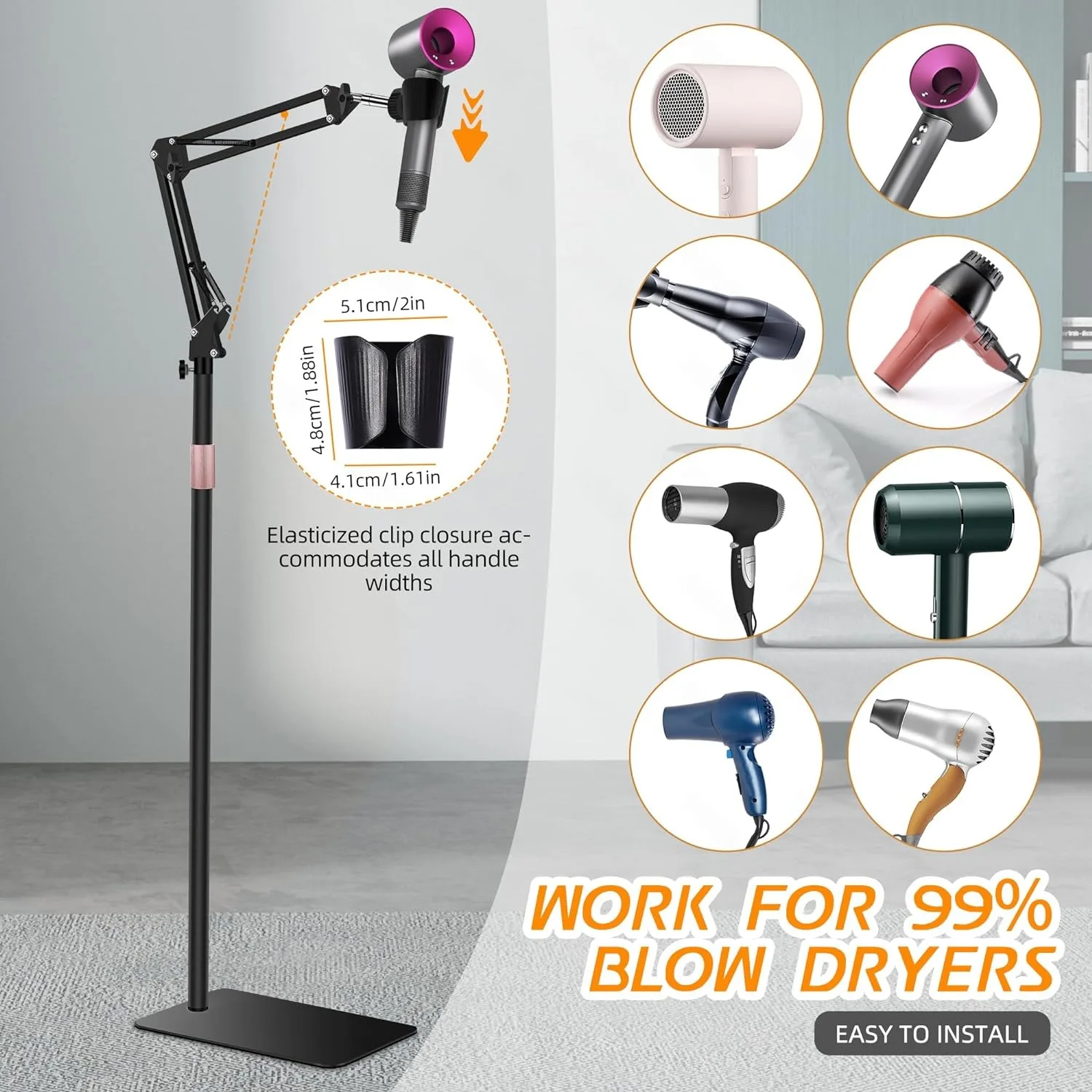 Lazy Hair Dryer Stand Adjustable Height Angle with Heavy Base Styling Tool Floor Bracket for Pet Grooming Dog Cat Grooming Home hair dryer holder