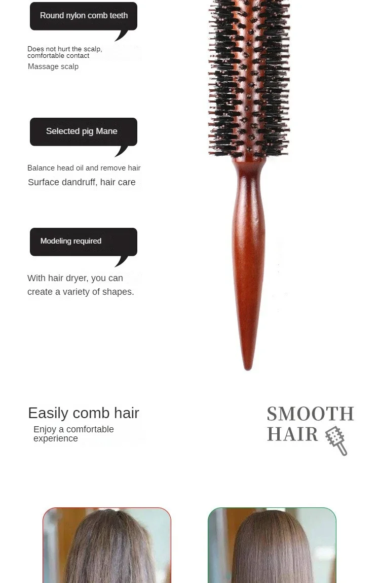 Description Picture 4 of item6 Style Natural Boar Bristle Hair Round Brush Wood Handle Round Barrel Hair Comb Hair Roller Brush Hairdressing Styling Tools