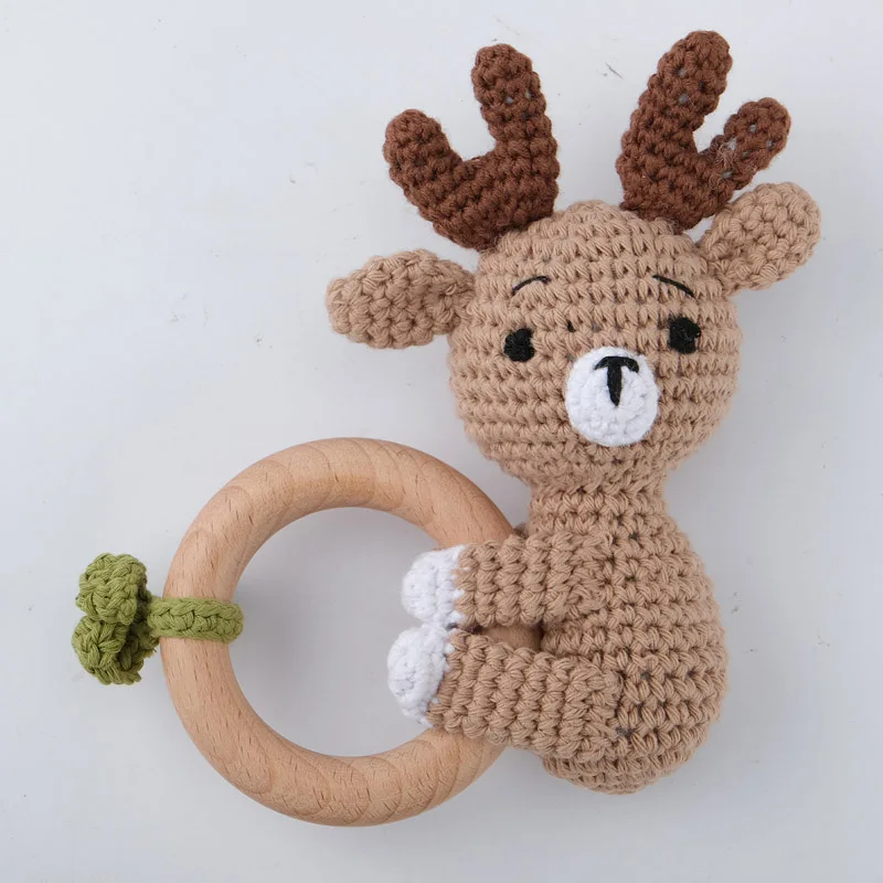 1pc BPA Free DIY Crochet Elk Fox Bee Baby Teether Wooden Teether Ring Rattle Newborn Teething Nursing Soother Molar Educational 3