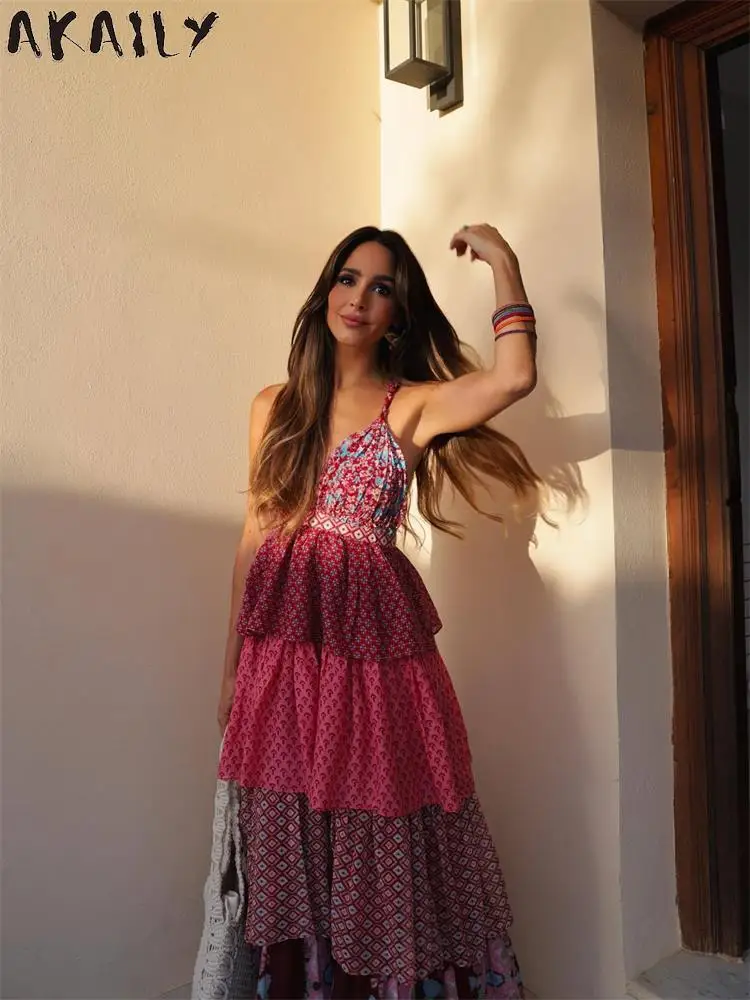 

Akaily Print Patchwork Pleat Sling Dress Vintage Sleeveless Off Shoulder V-Neck Dresses 2023 Summer Vacation Beach Maxi Dress