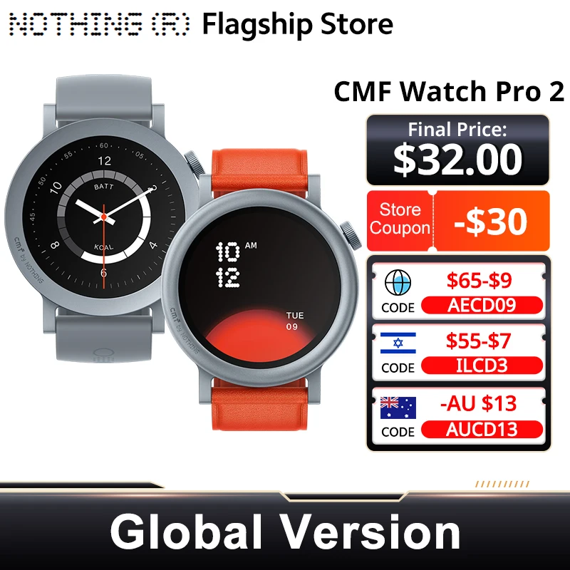 שעון CMF by Nothing גרסה גלובלית Watch Pro 2 עם שיחות בלוטות', מסך AMOLED בגודל 1.32 אינץ' עם קצב רענון של 60 פריימים לשנייה, חיי סוללה של 11 ימים, GPS, ומעקב אחר רמת חמצן בדם (SpO₂).