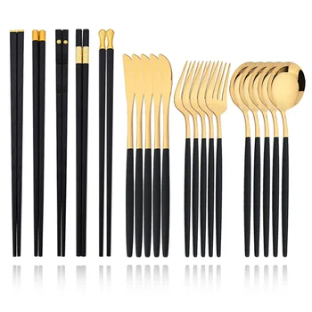 Set di stoviglie coreane in oro nero 15-20 pezzi Set di posate di lusso Set di posate per bacchette coltello forchetta cucchiaio in acciaio inossidabile 1