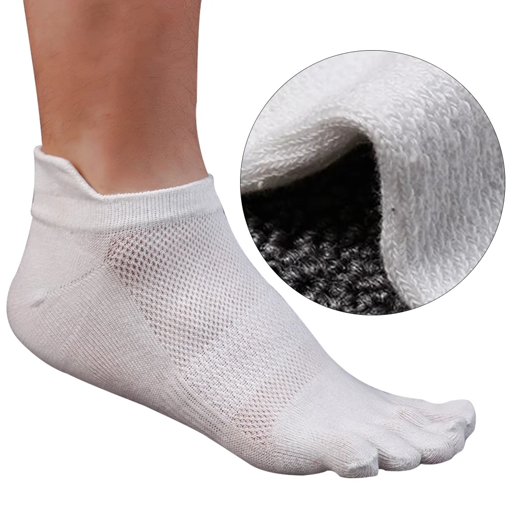 

Men Cotton Low Cut Athletic Running Toe Socks 5 Finger No Show Mesh Wicking (White)