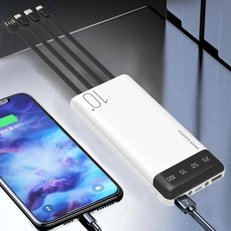 10000Mah Portatile Silm Power Bank Integrato A Quattro Cavi Usb Tipo C Powerbank Per Xiaomi Huawei Samsung Iphone Smart Phone