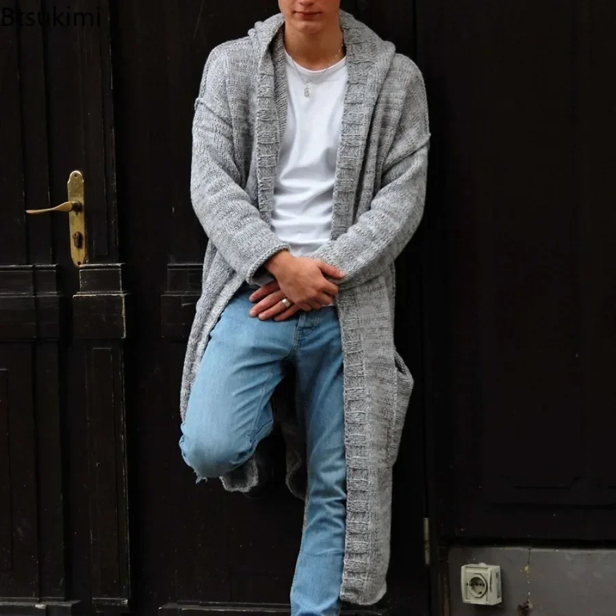 New 2025 Mens Knitted Cotton Cardigan Fashion Long Sweaters
