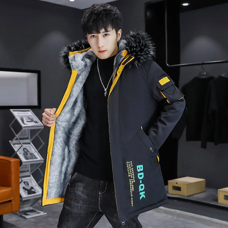 Autumn Winter Men's Plush Windbreaker Parka Youth Outwear Mid-Length Warm Fleece Jackets Detachable Fur Collar Thicken Coat