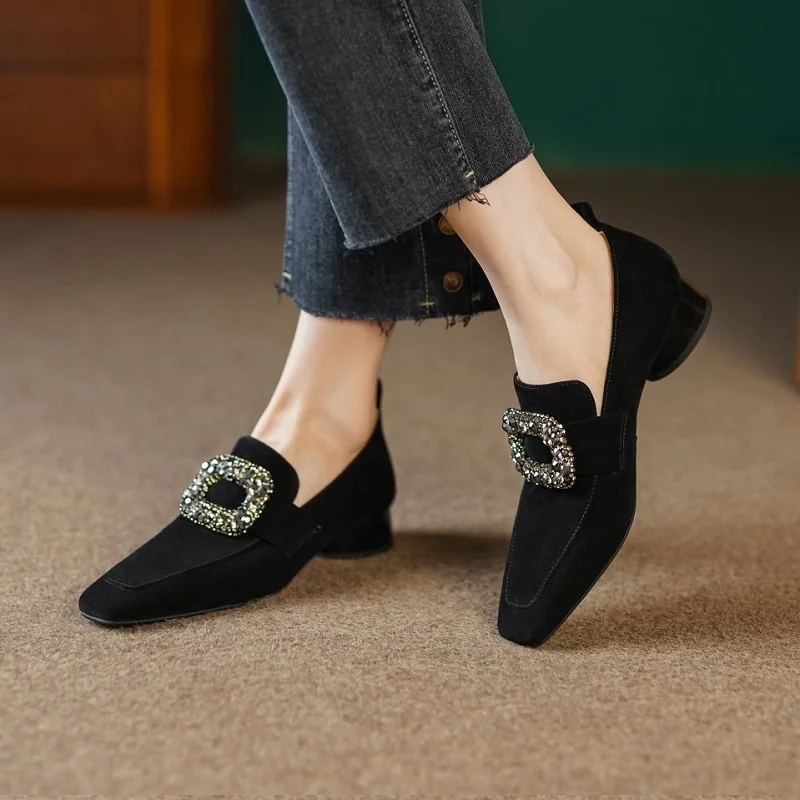 

Spring Shoes Woman Slip On Pumps Crystals Buckle Shoes On Heels Sheepsuede Pumps French Style Spring Autumn Simple Shoes