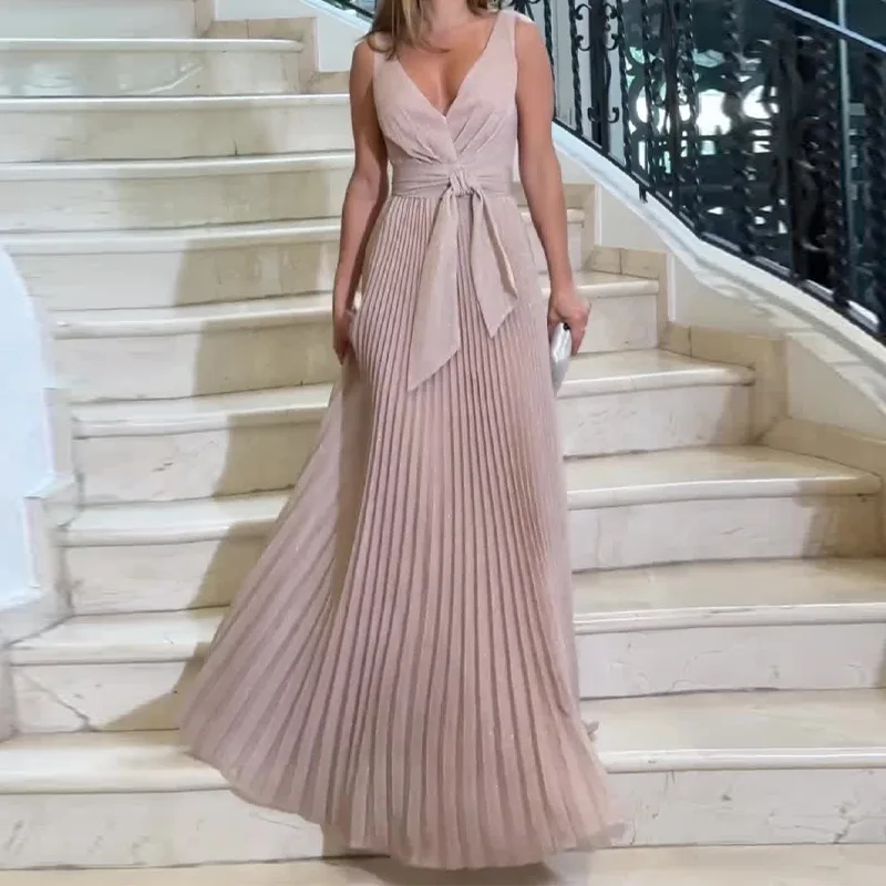 Vestidos de falda plisada completa con lazo de cinturón y escote en V Crepúsculo Tallas Grandes