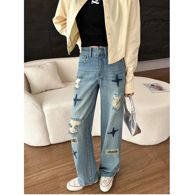 2023 Spring/Summer Thin Cut Hole Wide Leg Jeans, Small Stand, High Waist, Slim, Versatile, Straight Leg Floor Sweeper Pants