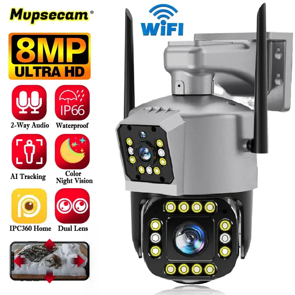 4K 8MP HD Smart Home WIFI Surveillance Camera Dual-Lens&Screens Color Night Vision Remote View Outdoor Wireless Security Camera