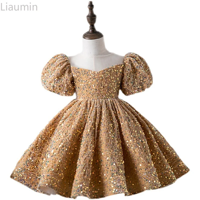 

New Children's Flower Girl Dress Puff Sleeve Princess Skirt Sequin Foreign Style Baby Kids Birthday Party Hand Made Custom