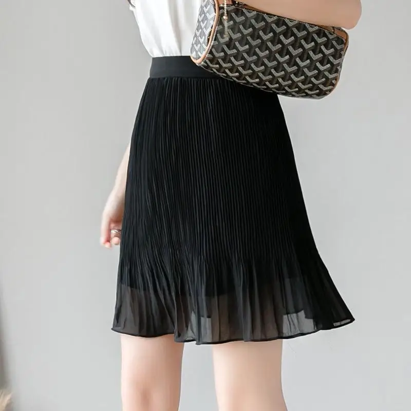 

Summer Women Chiffon Pleated Skirts Koreon Clothing New Streetwear Fashion High Waist Loose Versatile Black Casual Skirt 2023