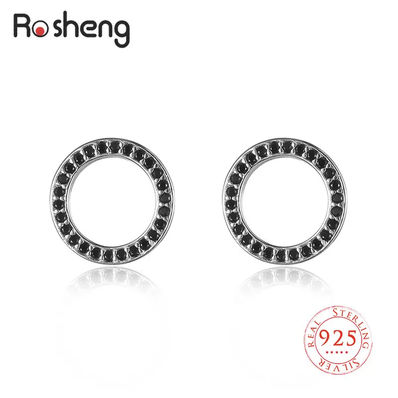 

Women'r Sterling Silver 925 Black Zircon Round Circle Stud Earrings for Aretes De Mujer Retro Cool Geometric Designer