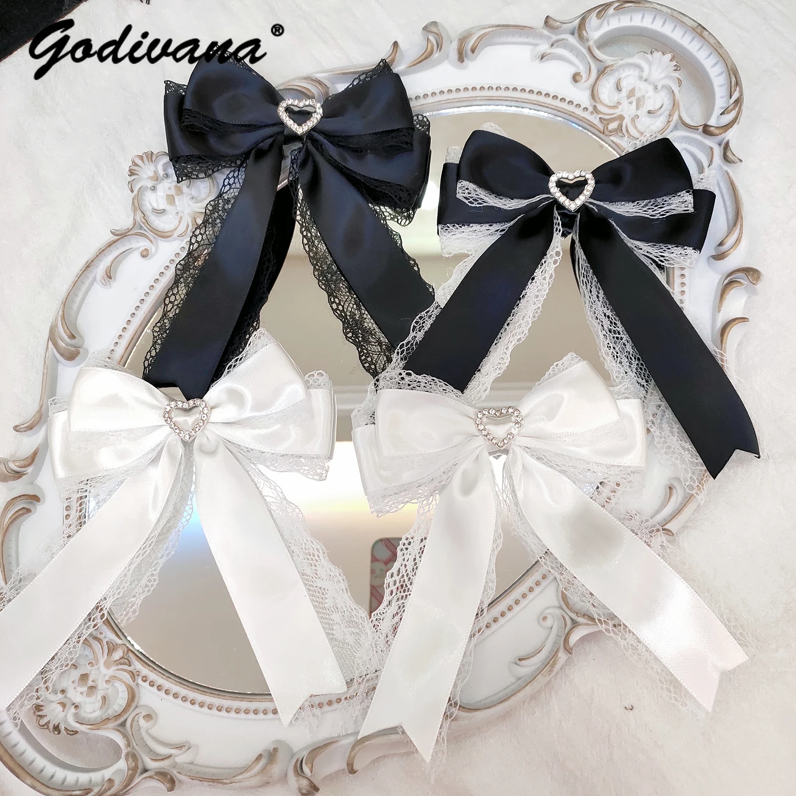 Handmade Hair Clip Loving Heart Rhinestone Headwear Japanese Style Bow for Girl Lolita Hairpin Sweet Cute Women's Accessories hand made japanese crossbody pearl rhinestone bow mobile phone charm girl lolita mobile phone ornaments bag accessories