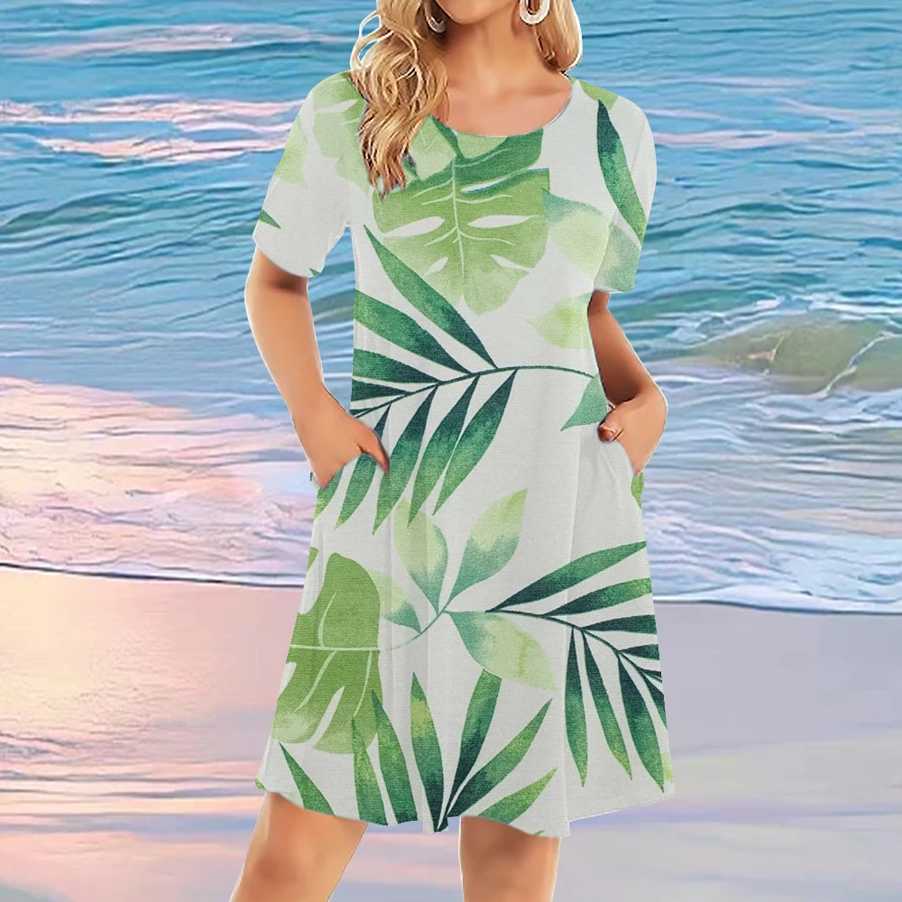 

Summer Women Casual Dresses Summer Vintage Style Female O-neck Print Color Comfortable Knee-Length with Pockets Office For Lady