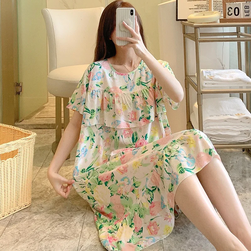 Floral Printed Nightgowns for Women Thin Cotton Summer Short Sleeves Ruffles Night Shirts Sleapwear Soft Sleep Dress Night Dress
