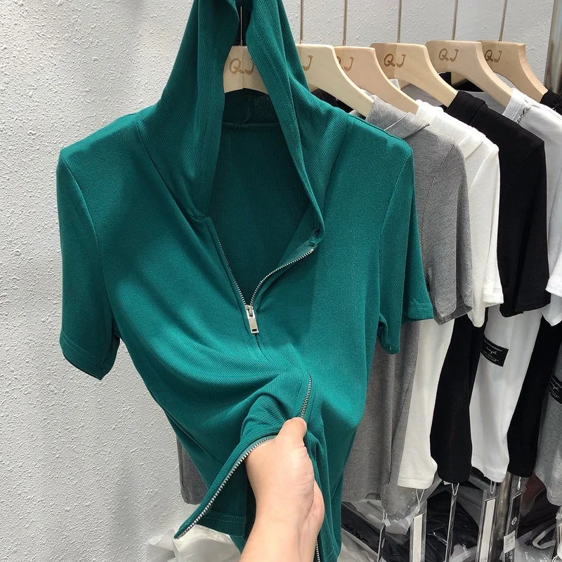 

Korean women's pure color hoodie short sleeve zipper
