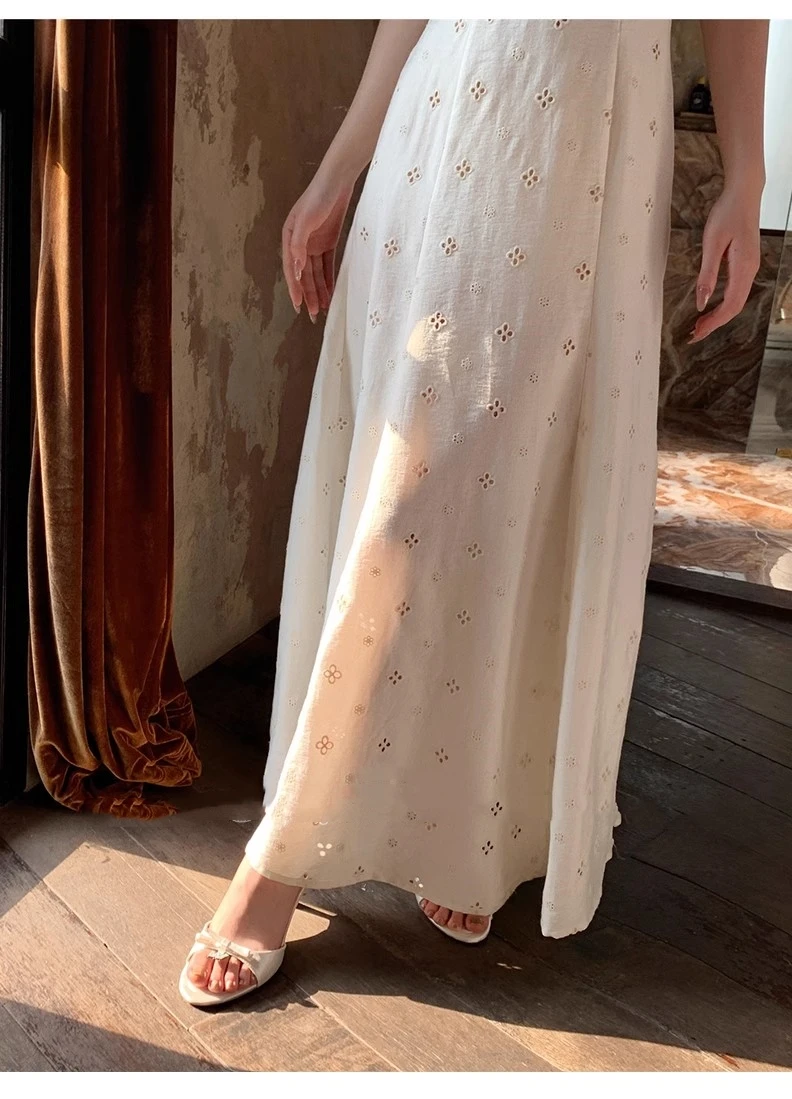 New Summer Hollow Out Midi Dress Women V-neck Vocation French Style White Dress Elegant Casual Korean Fashion Slim Vestidos 2025