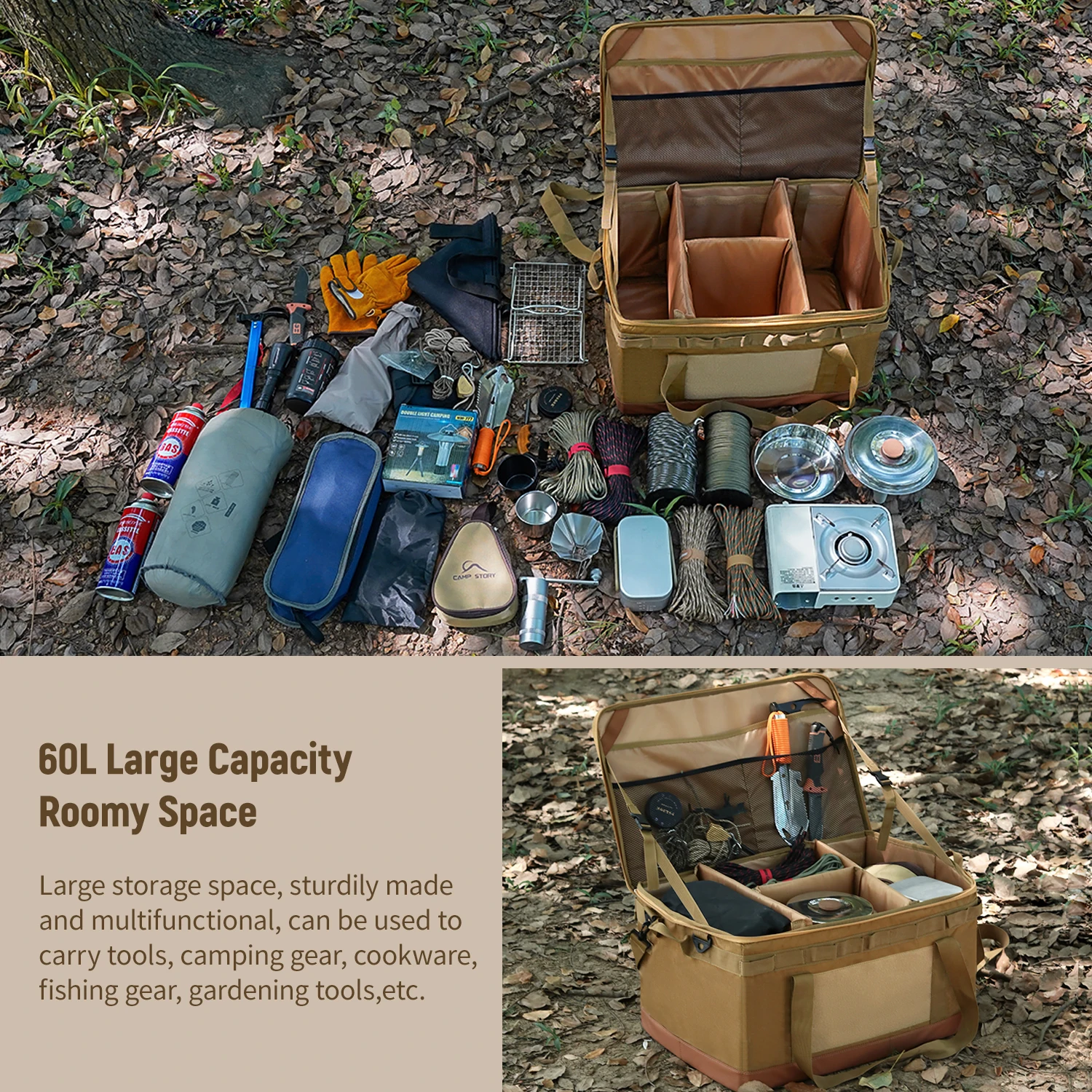 60L Large Camping Storage Bag Collapsible Cooking Trunk Organizer 600D Oxford Fabric, Waterproof Bottom Black//Khaki 2