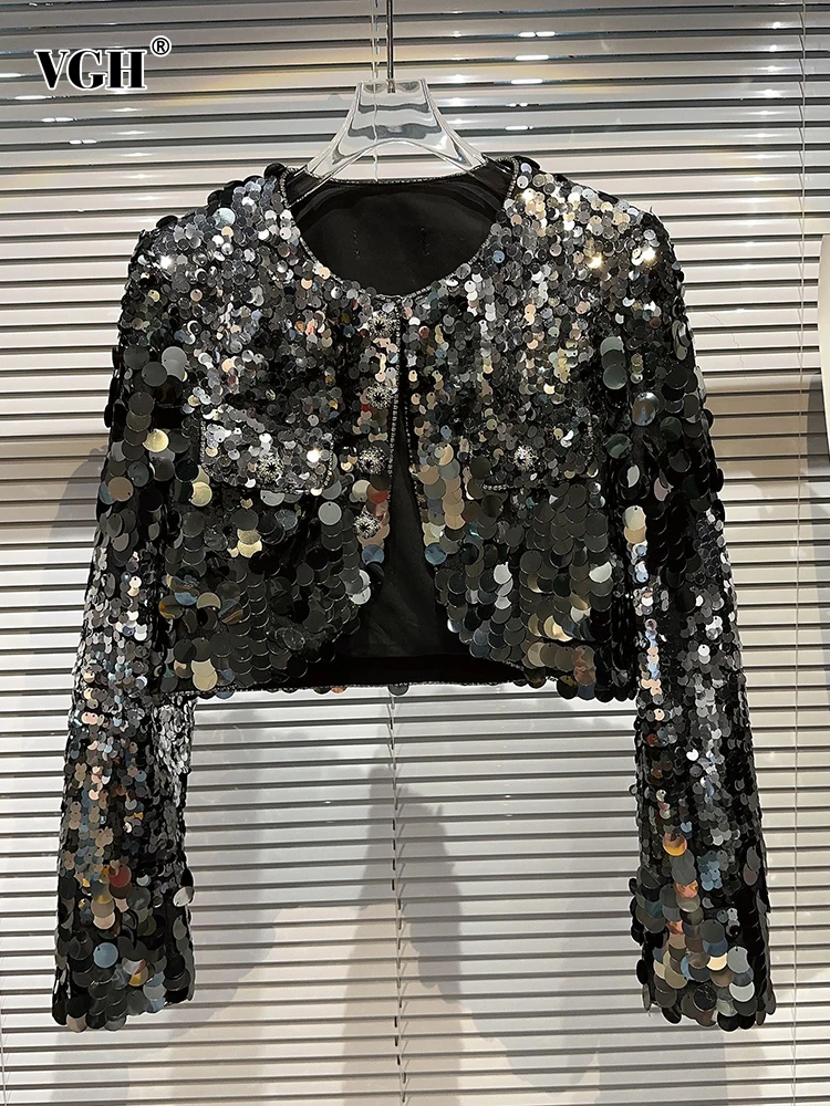

VGH Patchwork Sequins Casual Coat For Women Round Neck Long Sleeve Spliced Button Temperament Coats Female Fashion Clothes New