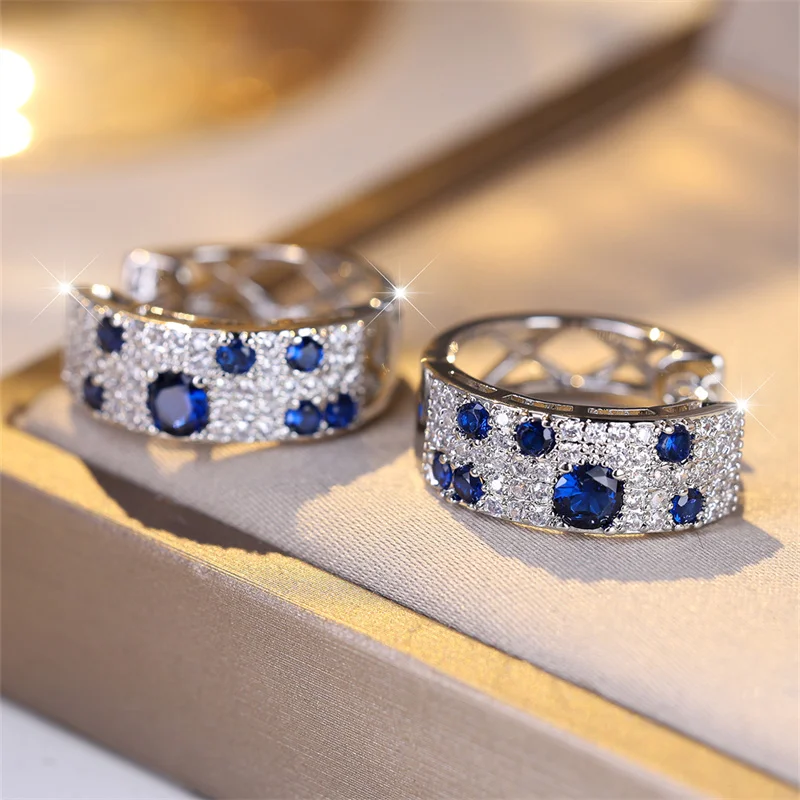 Luxury Female Blue Zircon Stone Clip Earrings Trendy Silver Color Wedding Jewelry Gift For Women