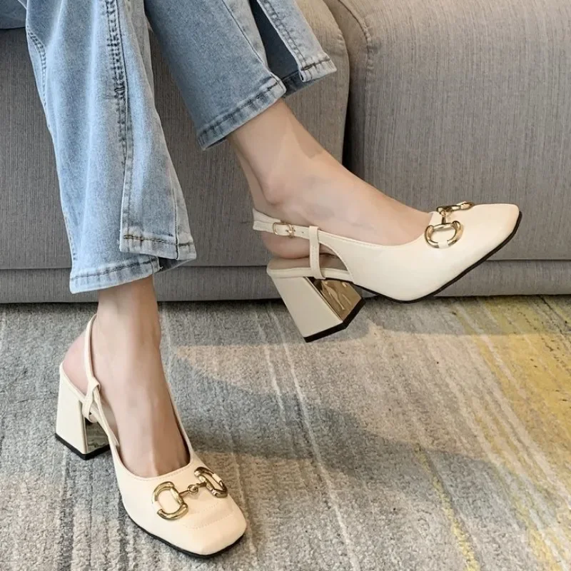 

Shoes Female 2024 Hot Sale One-word Buckle Women's Pumps Autumn Square Toe Solid Metal Decoration Chunky Heels Mary Jane Pumps