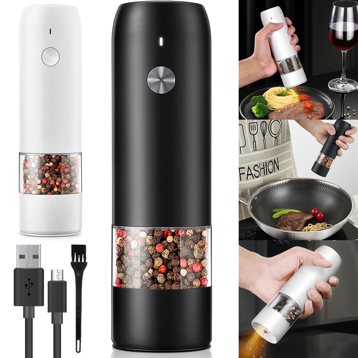 WITOP Electric Salt and Pepper Grinder Set - USB Rechargeable - No Battery Needed Modern Style - Automatic Black Peppercorn & Sea Salt Spice Mill