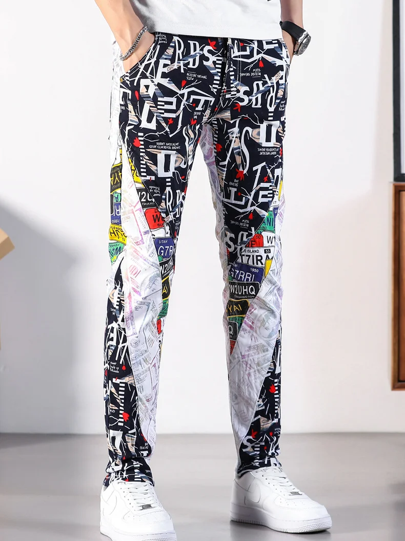 

Высококачественные мужские белые джинсовые брюки, классические уличные джинсы с принтом, облегающие повседневные джинсы корейской версии, крутые модные джинсы