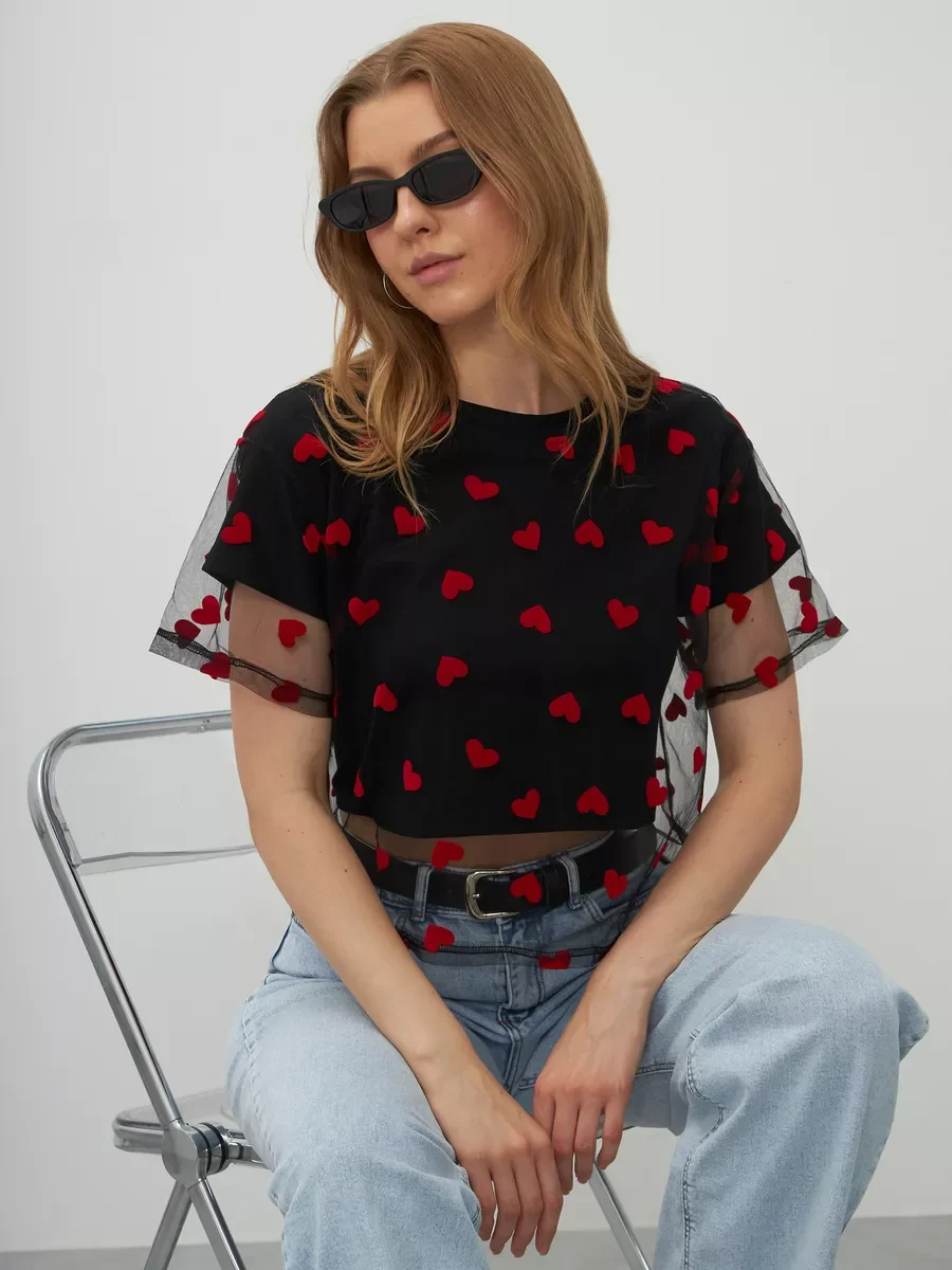 Heart Mesh Patchwork Vintage Chic T-Shirt - Women's Casual Cotton Short Sleeve Tops