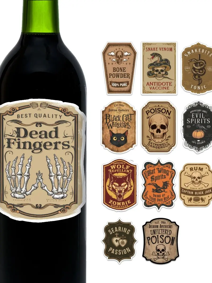 14/15 Stück Vintage-Halloween-Flaschenaufkleber mit Totenkopf, Trank, für Halloween-Dekoration, Partygeschenk, Apotheker-Atmosphäre, Spukhäuser-Geschenk – Detail 1