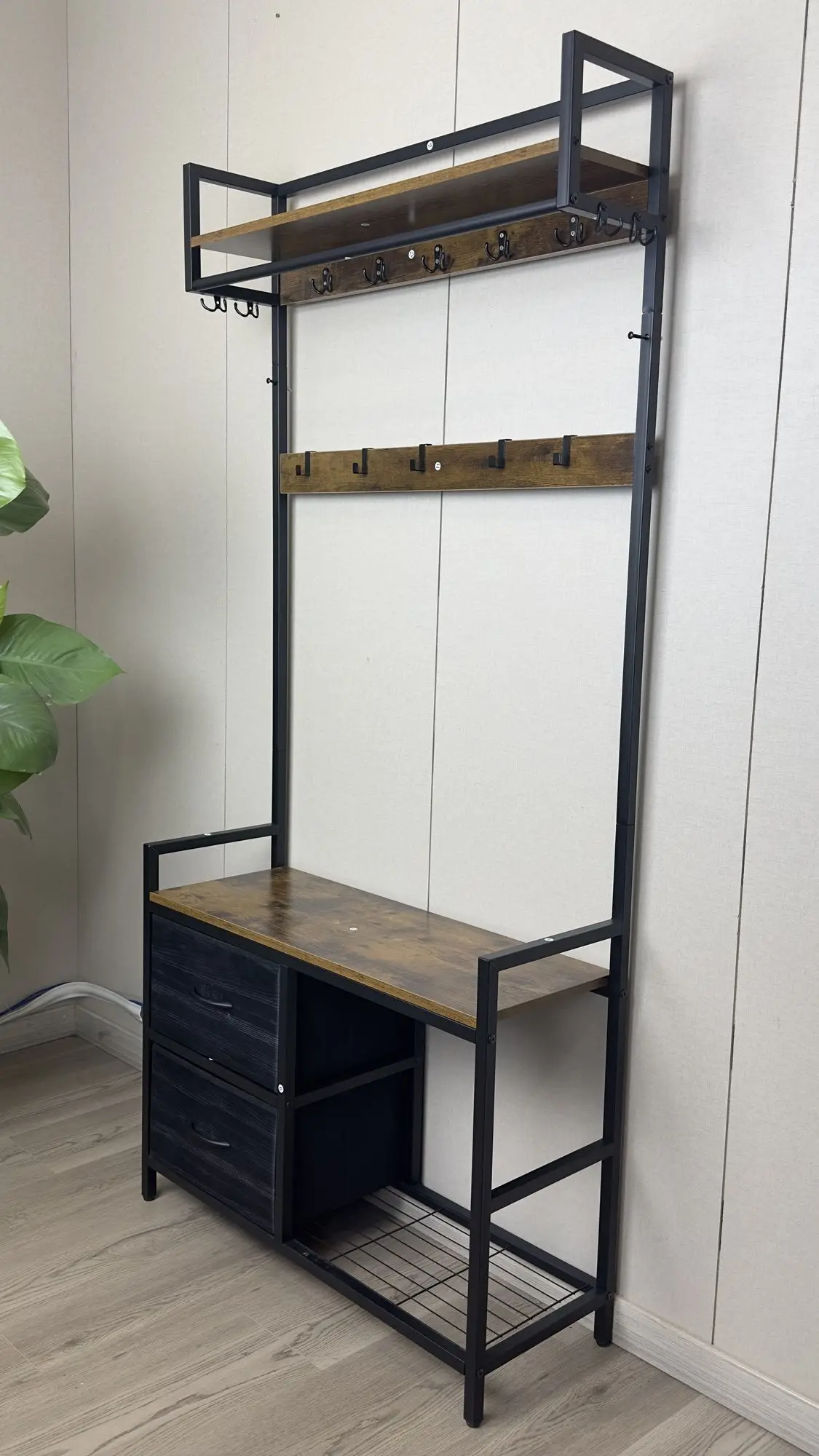 33.1" Wide Hall Tree with 2 Movable Drawers, Shoe Storage, Shelves and Garment Racks, 5-in-1 Entryway Bench with 23 Hooks