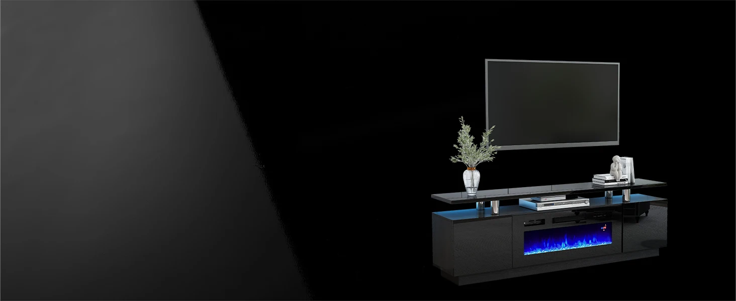 TV Stand with Fireplace and Bookshelves, 2-Tier Fireplace TV Stand, 2 X Wall Cabinets & 2 X End Tables, LED Lights TV Console