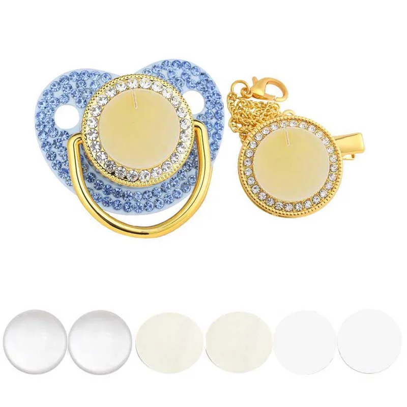 Blank Personalized Baby Pacifier with Chain Clips Covers Luxury Bling Zircon Silicone Dummy Nipple Teether Newborn Gift 5Set/lot 5