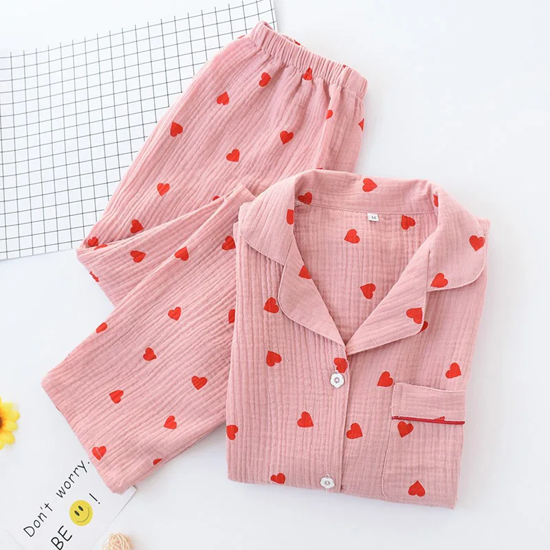 Spring New Ladies Pajamas Set Heart Printed Crepe Cotton Double-layer Gauze Turn-down Collar Long-sleeve Trousers Household Wear cotton pjs