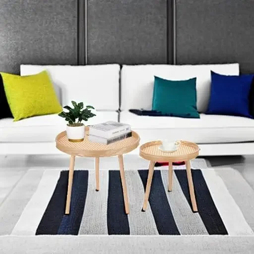 Round Coffee Table Set of 2, Natural Boho Coffee Table, Small Mid Century Modern Rattan Coffee Table, Boho Side Table End Tables 5